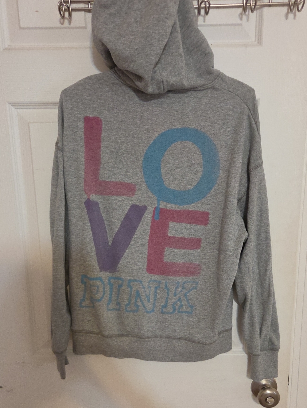 PINK Victoria's Secret Grey Hoodie with Blue, Pink & Purple 'LOVE' Vintage XS